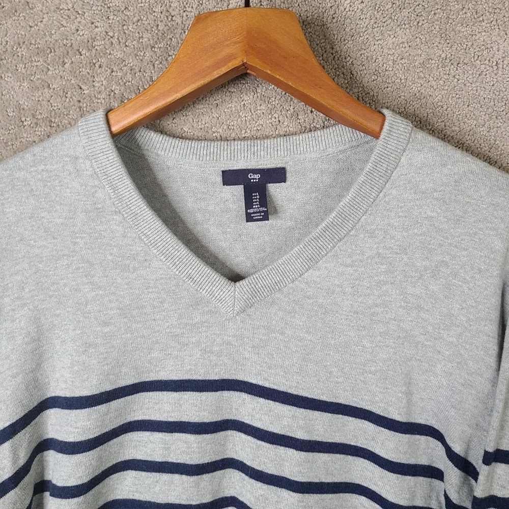 Gap Sweater Mens Large Gray Blue Striped V-Neck 100% Cotton Long Sleeve Pullover